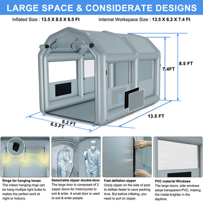 GZKYYLEGS Inflatable Paint Booth 13.5X8.5X8.5Ft with 750W Blower, Professional Portable Inflatable Spray Booth Tent for Motorcycles, Auto Parts, Furnitures or Other Items Painting and Drying
