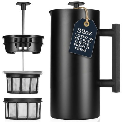 ESPRO P6 32 Ounces French Press Coffee Maker, Double Walled Stainless Steel Insulated, Matte Black