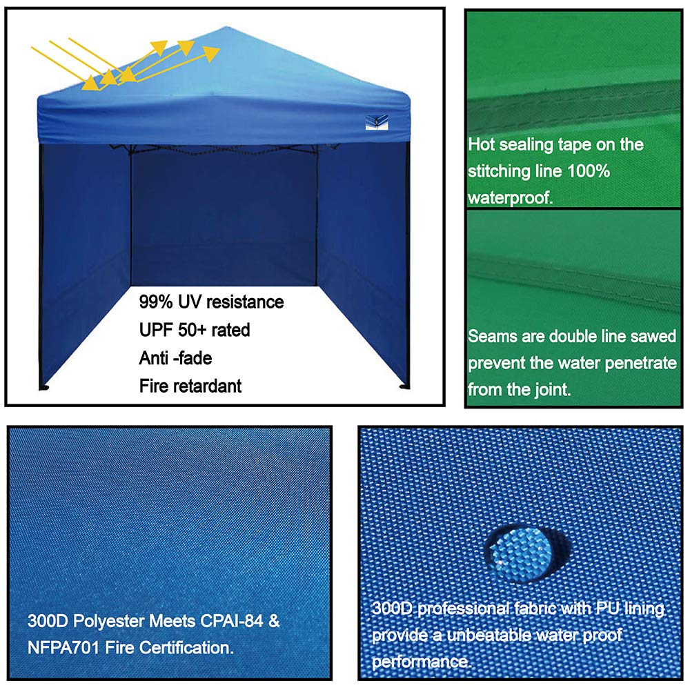 UNIQUECANOPY 10'x10' Pop Up Canopy Tent Commercial Instant Shelter, with 4 Removable Zippered Side Walls and Heavy Duty Roller Bag, 4 Sand Bags Blue
