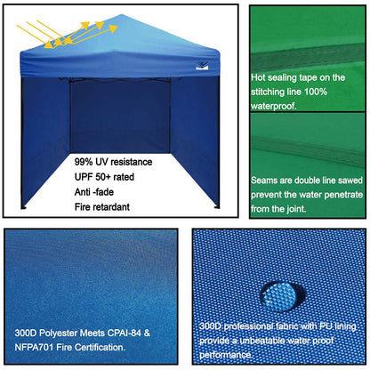 UNIQUECANOPY 10'x10' Pop Up Canopy Tent Commercial Instant Shelter, with 4 Removable Zippered Side Walls and Heavy Duty Roller Bag, 4 Sand Bags Blue