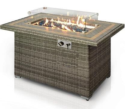 SereneLife Outdoor Propane Fire Pit Table 50000 BTU with Auto Ignition, Glass Wind Guard, Mosaic Tile Top, Clear Glass Rocks, and Weather-Resistant Design for Patio or Backyard