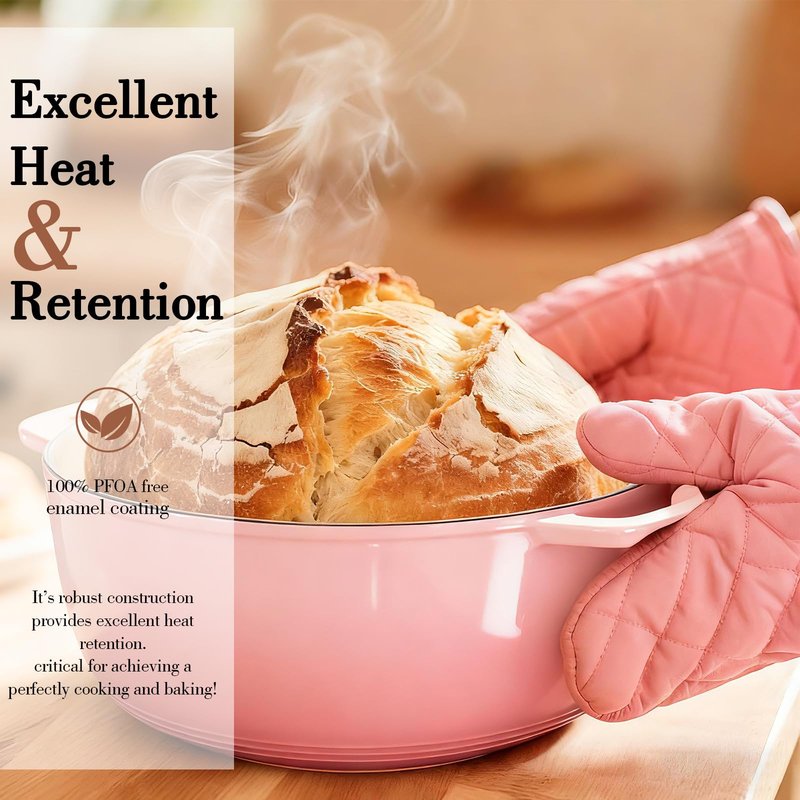 Umite Chef 6QT Enameled Cast Iron Dutch Oven with Lid, Versatile Heavy-Duty Cookware Pot for Baking Bread, Braising, Soups & Stews, Oven & Stovetop Safe with Heat Resistant Gloves(Pink)