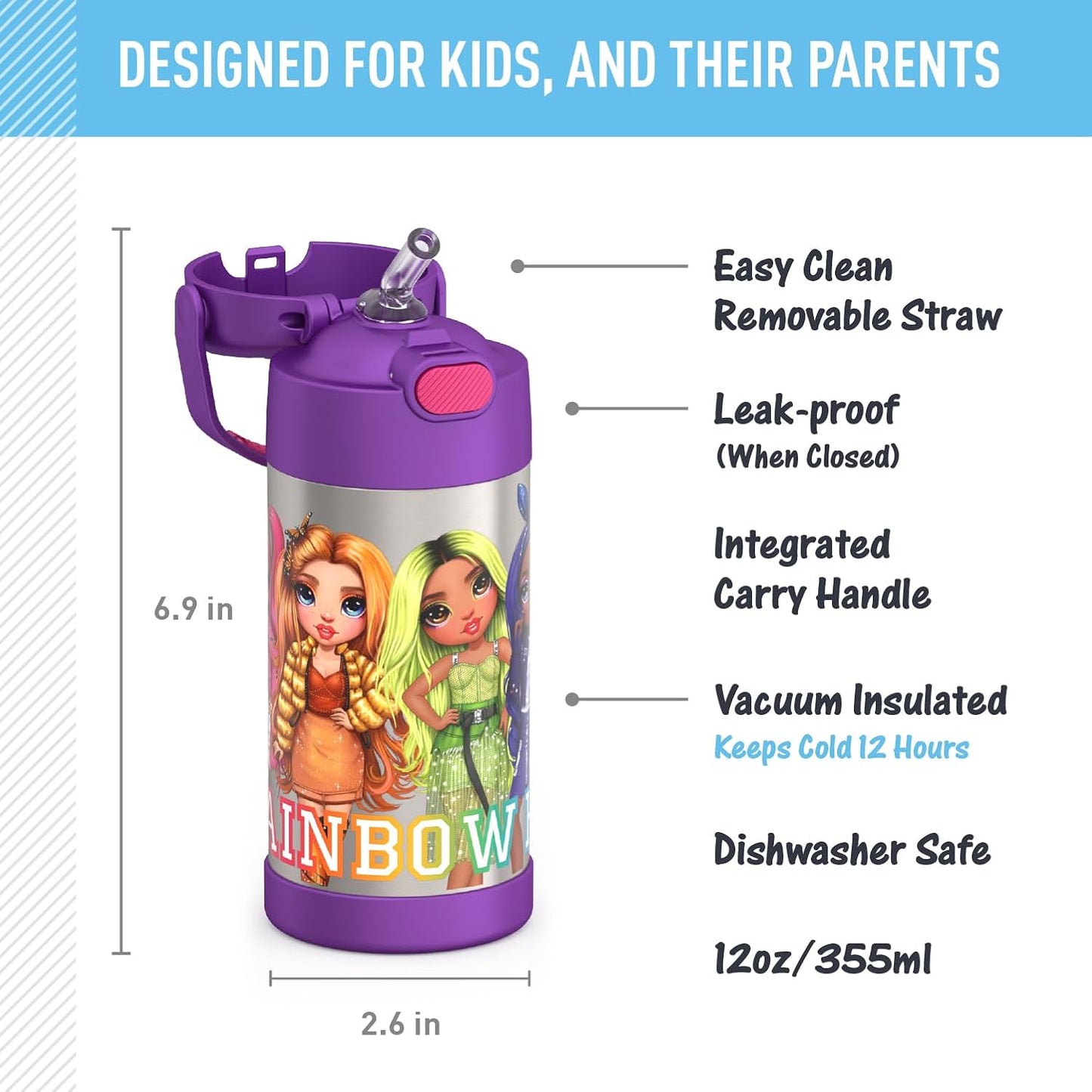THERMOS FUNTAINER 12 Ounce Stainless Steel Kids Straw Bottle - Vacuum Insulated | Rainbow High Design