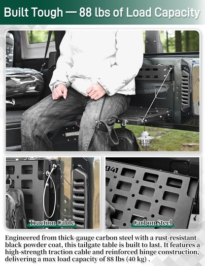 JROAD No-Drill Tailgate Table for Jeep Wrangler JK 2007-2018,Foldable Jeep JK Tailgate Storage Cargo Rack with MOLLE Panel,Heavy Duty 88 lbs Capacity,Not Fit Trunk with Factory Subwoofer