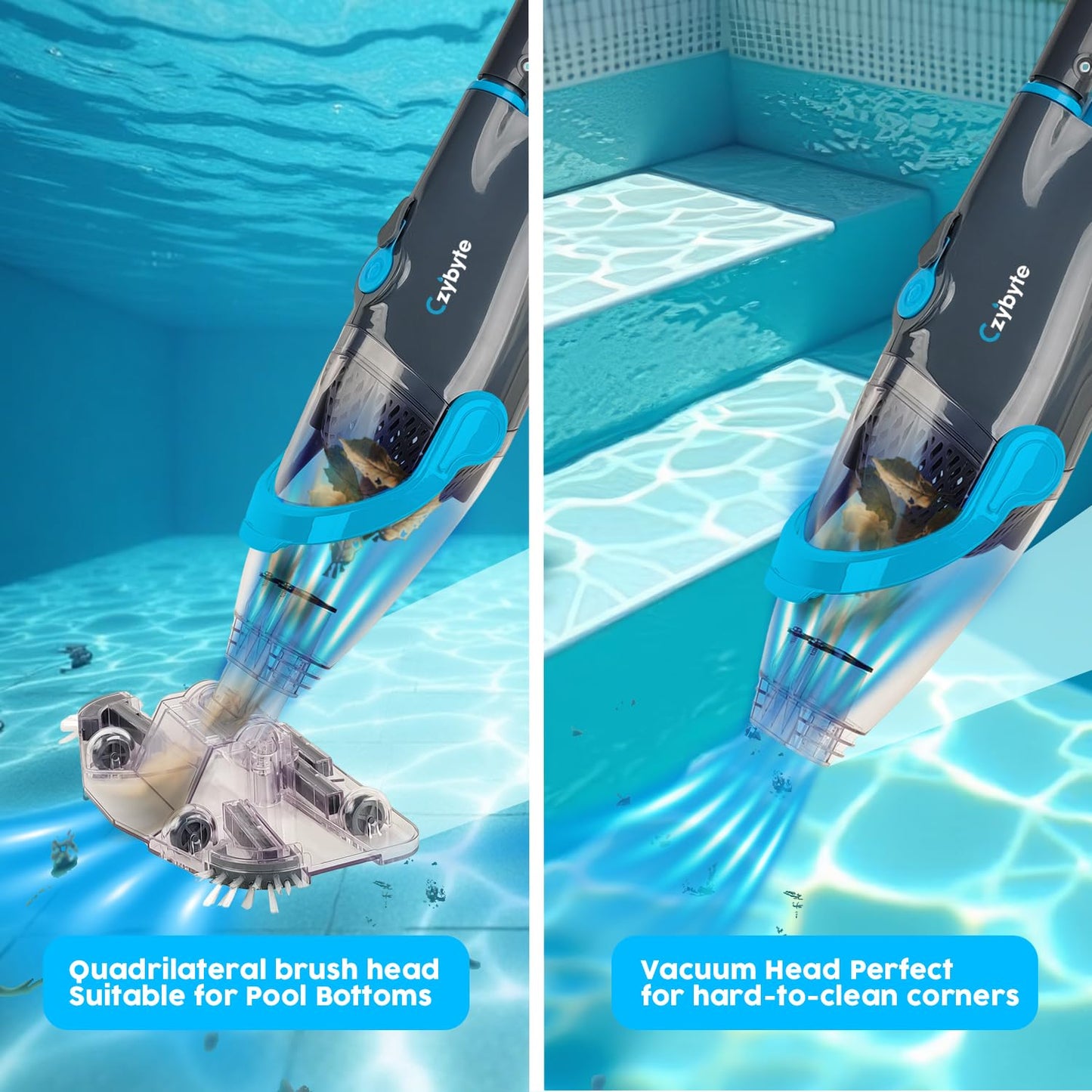 CZYBYTE Handheld Pool Vacuum Cleaner, Rechargeable Pool Bottom Cleaner with Strong Suction, 1 H Runtime, 89 inchs Extension Pole,for Above Ground/Inground Pools, Spas and Hot Tubs, Grey