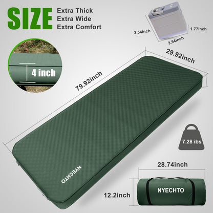 NYECHTO Self Inflating Sleeping Pad for Camping, 4" Extra-Thick Memory Foam Camping Mattress with Electric Pump, Fast Inflate & Deflate,9.5 R-Value Insulated Camping Pad for Car Travel Tent Cot, Green