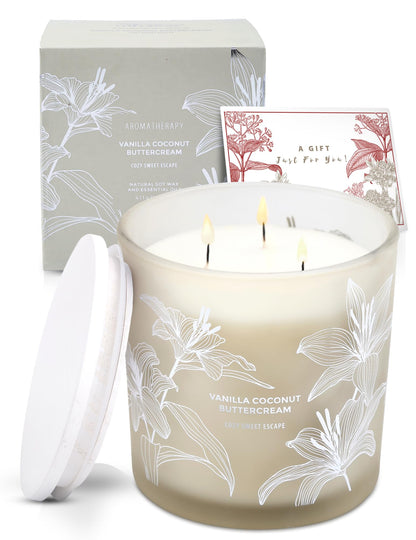 Vanilla Coconut Buttercream Candle | Large 3 Wick Scented Soy Candle for Home | 14.5oz Vanilla Coconut Aromatherapy Candle | Vanilla Cupcake Candle | Long Lasting Clean Burn | Gift for Women & Men