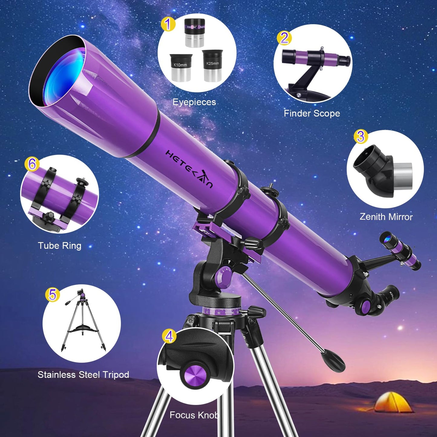 HETEKAN Telescope, Telescope for Adults High Powered, 90mm Aperture 1000mm Astronomical Refractor Telescopes for Beginners, Magnification 500X, with Three Eyepieces, Phone Adapter & Carrying Bag