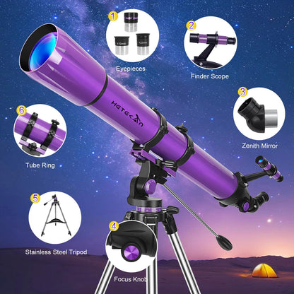 HETEKAN Telescope, Telescope for Adults High Powered, 90mm Aperture 1000mm Astronomical Refractor Telescopes for Beginners, Magnification 500X, with Three Eyepieces, Phone Adapter & Carrying Bag