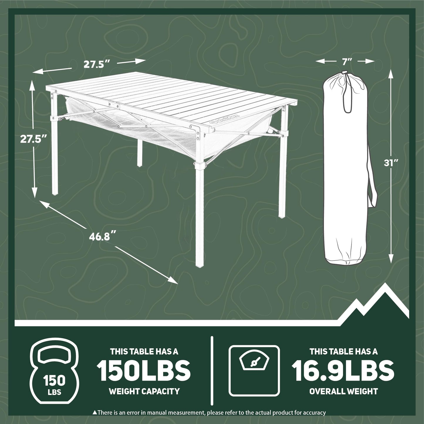 OUTSIDER Folding Camping Table, Portable Roll-up Outdoor Lightweight Aluminum Camp Table for Picnic BBQ Backyards Beach, Large Storage Mesh Pocket and Carrying Bag Included (Gray+Storage)