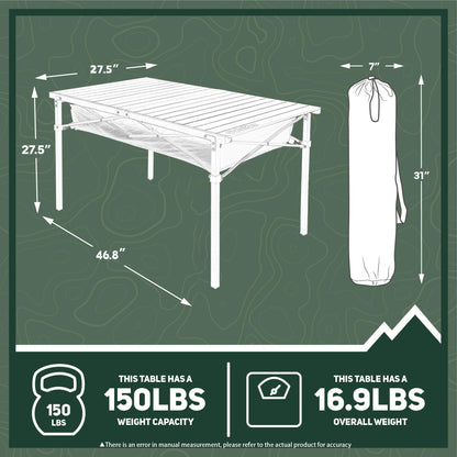 OUTSIDER Folding Camping Table, Portable Roll-up Outdoor Lightweight Aluminum Camp Table for Picnic BBQ Backyards Beach, Large Storage Mesh Pocket and Carrying Bag Included (Gray+Storage)