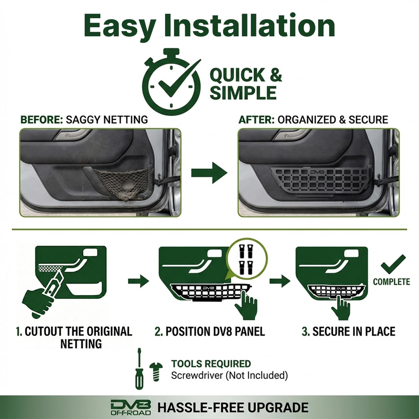 DV8 Offroad Front Door Pockets Compatible with Jeep Wrangler JL (2018-2026) & Gladiator JT (2020-2026) - Rigid Steel Molle Panel Storage Organizer, Replacement for Saggy Nets, Black
