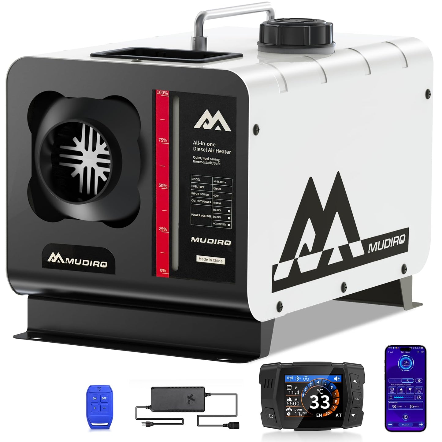 MUDIRO Diesel Heater 12V/24V/110V 8KW with CO Protection (Auto Shut-off & Alarm), Thermostat, Remote, TFT Display, Auto Altitude Adjustment, Chinese Diesel Heater for Camping, RV, Tent