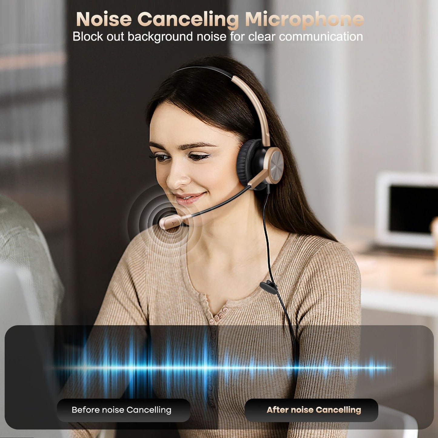 Telephone Headset with RJ9 for Cisco Phone Call Center Headset with Noise Cancelling Microphone with Extra 3.5mm Connector for Mobiles