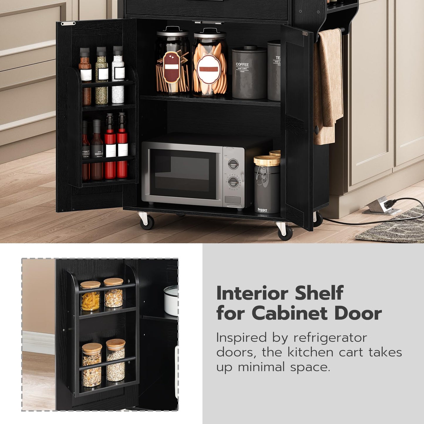 HOOBRO Kitchen Island with Power Outlet, Rolling Kitchen Island with Large Worktop, Kitchen Island Cart with Spice Rack and Drawer, Island Table for Dining Room, Rustic Brown and Black BF88UZD01