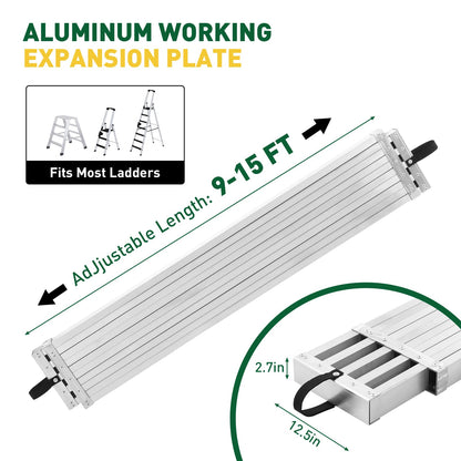 Telescoping Aluminum Work Plank Platform, 9-15 ft, 440 LB Capacity, Portable Adjustable Scaffold Plank with 12.5 in Wide Non Slip Surface for Painter Contractor