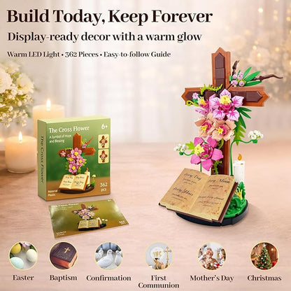 Jesus Cross SetFlower Building Block Set for Adults Faith Inspired Crucifix Brick Model with Floral Design Religious Home Desk Decor Christian Gift for Easter Prayer Room
