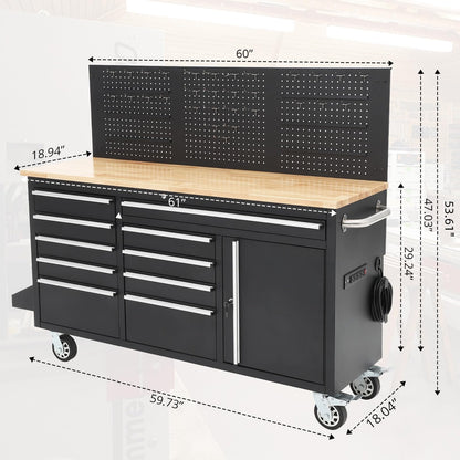 61-Inch Heavy Duty Rolling Tool Chest with 10 Drawers and Solid Rubber Wood Top Mobile Workstation, 1675 LBS Load, Includes Power Strip, Locking System, Drawer Liners for Garage Warehouse Repair Shop