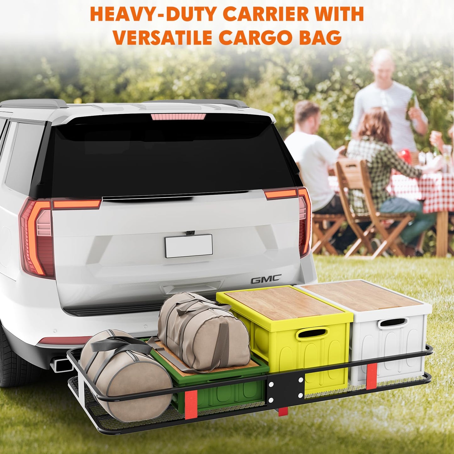 Garvee Folding Hitch Mount Cargo Carrier Basket 60" x 20" x 6", Hauling Weight Capacity of 500 Lbs with Folding Arm, Hitch Stabilizer, Cargo Net and Ratchet Straps