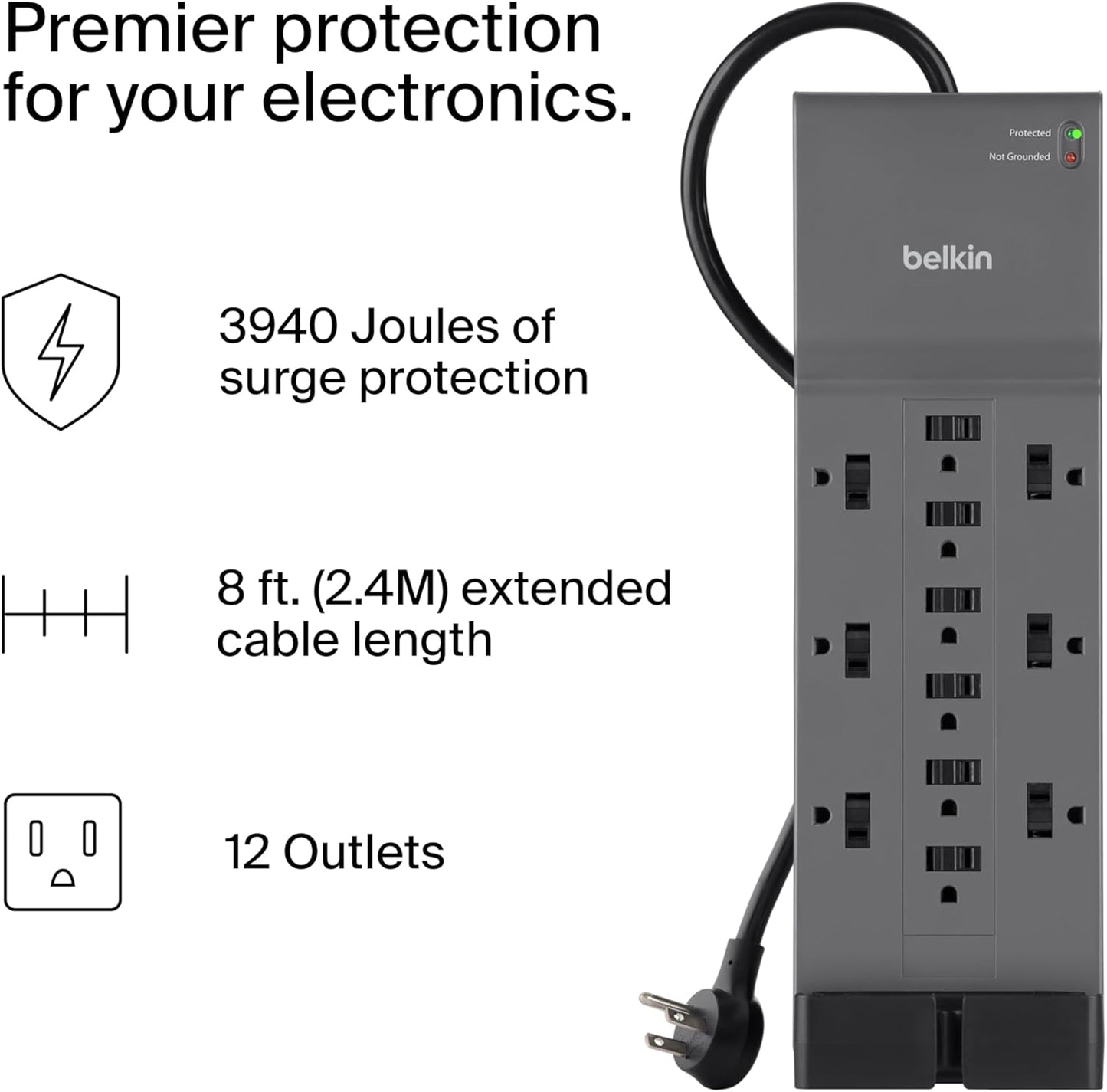 Belkin 12-Outlet Surge Protector Power Strip - Heavy-Duty 8ft Flat Plug | 3,940 Joules for Home & Office