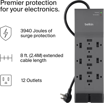 Belkin 12-Outlet Surge Protector Power Strip - Heavy-Duty 8ft Flat Plug | 3,940 Joules for Home & Office