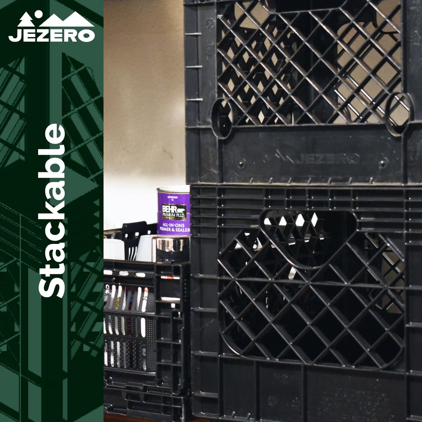 JEZERO 20 Quart 4-Pack Heavy Duty Plastic Crate | Stackable Multi-Purpose Storage Bin for Garage, Home, Office, Groceries, Outdoor, Camping & Kayaking | Black Utility Tote, 17" x 13" x 11"