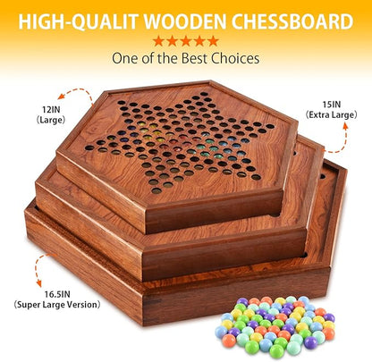 Large Chinese Checkers Upgraded Version Wooden Game Board 16mm 60+12 Colorful Acrylic Marbles Easy Grasping for Adults and Kids with Storage Drawer Fun for Family Gathering (15in.)