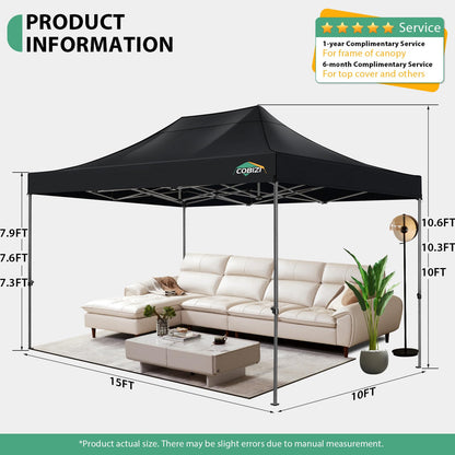 COBIZI 10x15 Heavy Duty Pop Up Canopy Tent with 4 Sidewalls Thicken Frame, Commercial Easy Up Outdoor Wedding Party Tents, All Season Waterproof Windproof with Stakes Sandbags Ropes Bag, Black