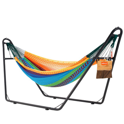 Lazy Daze Hammocks Handwoven Mayan Hammock with Heavy Duty Steel Stand, 10.5 FT Soft Rope Double Hammock for Patio Outside, 550 lbs Weight Capacity, Multi Color