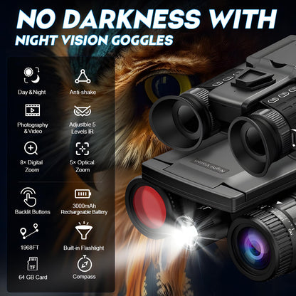 Head Mounted Night Vision Goggles with Screen for Adults 2000FT - 4K Night Vision Binoculars, Infrared Goggles with 64GB Card with Flashlight 8X Digital Zoom Outdoor Exploration Camping