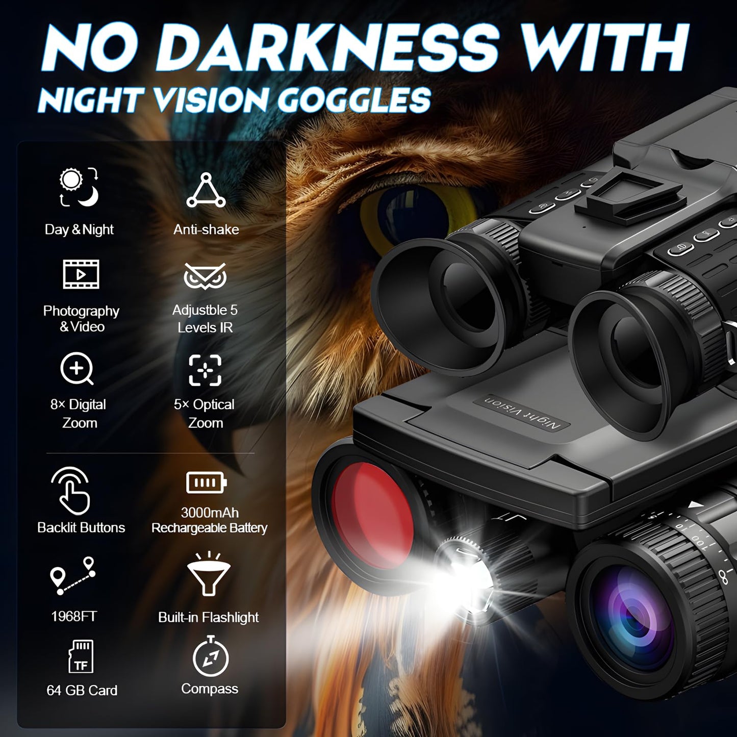 Head Mounted Night Vision Goggles with 2.4-inch Screen for Adults 2000FT - 4K Night Vision Binoculars, Infrared Goggles with 64GB Card with Flashlight 8X Digital Zoom Outdoor Exploration Camping Black