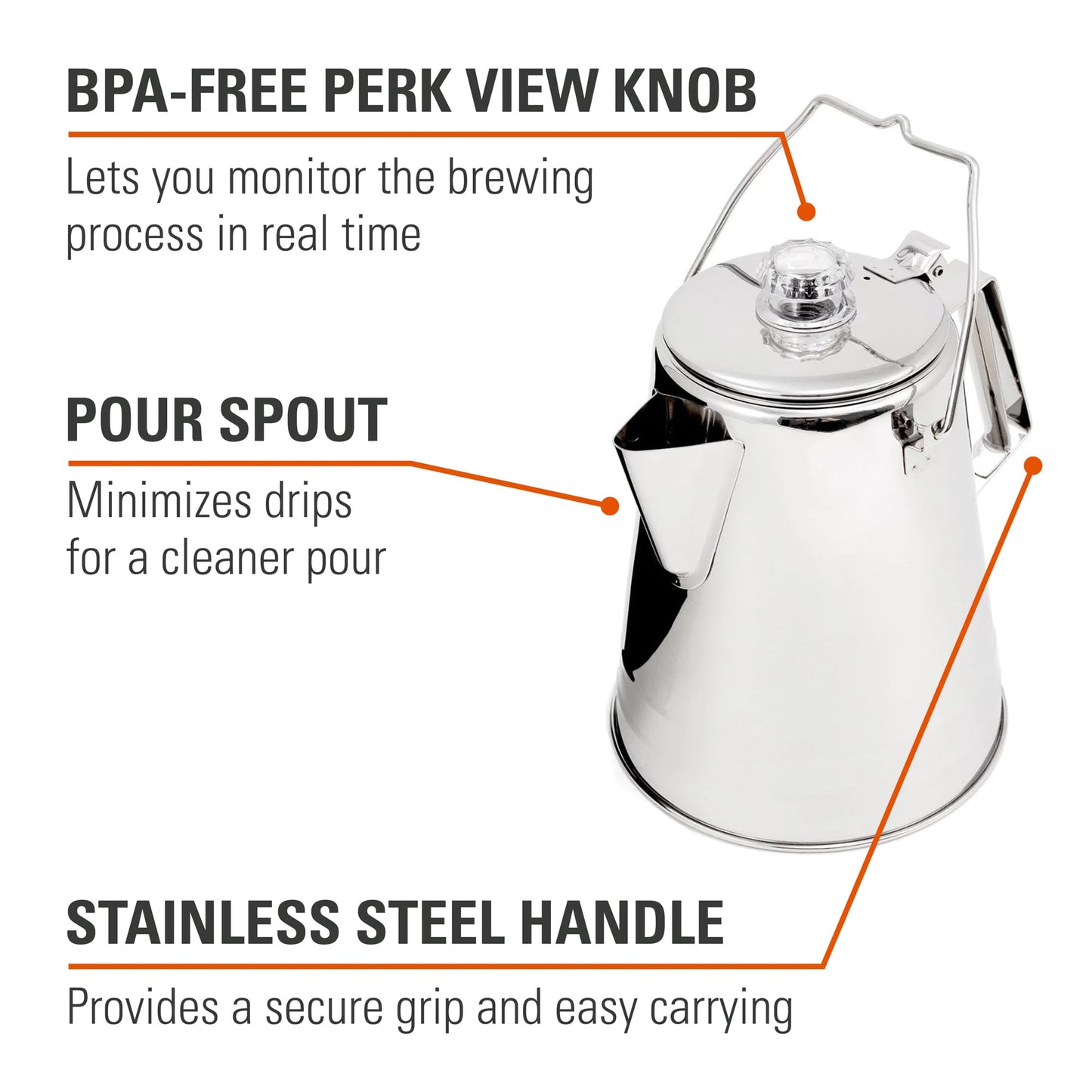 GSI Outdoors Percolator Coffee Pot I Glacier Stainless Steel Ultra-Rugged for Brewing Coffee Over Stove and Fire Ideal for Group Camping, 36 Cup