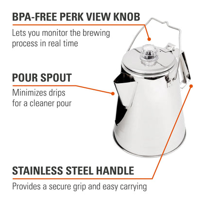 GSI Outdoors Percolator Coffee Pot I Glacier Stainless Steel Ultra-Rugged for Brewing Coffee Over Stove and Fire Ideal for Group Camping, 36 Cup