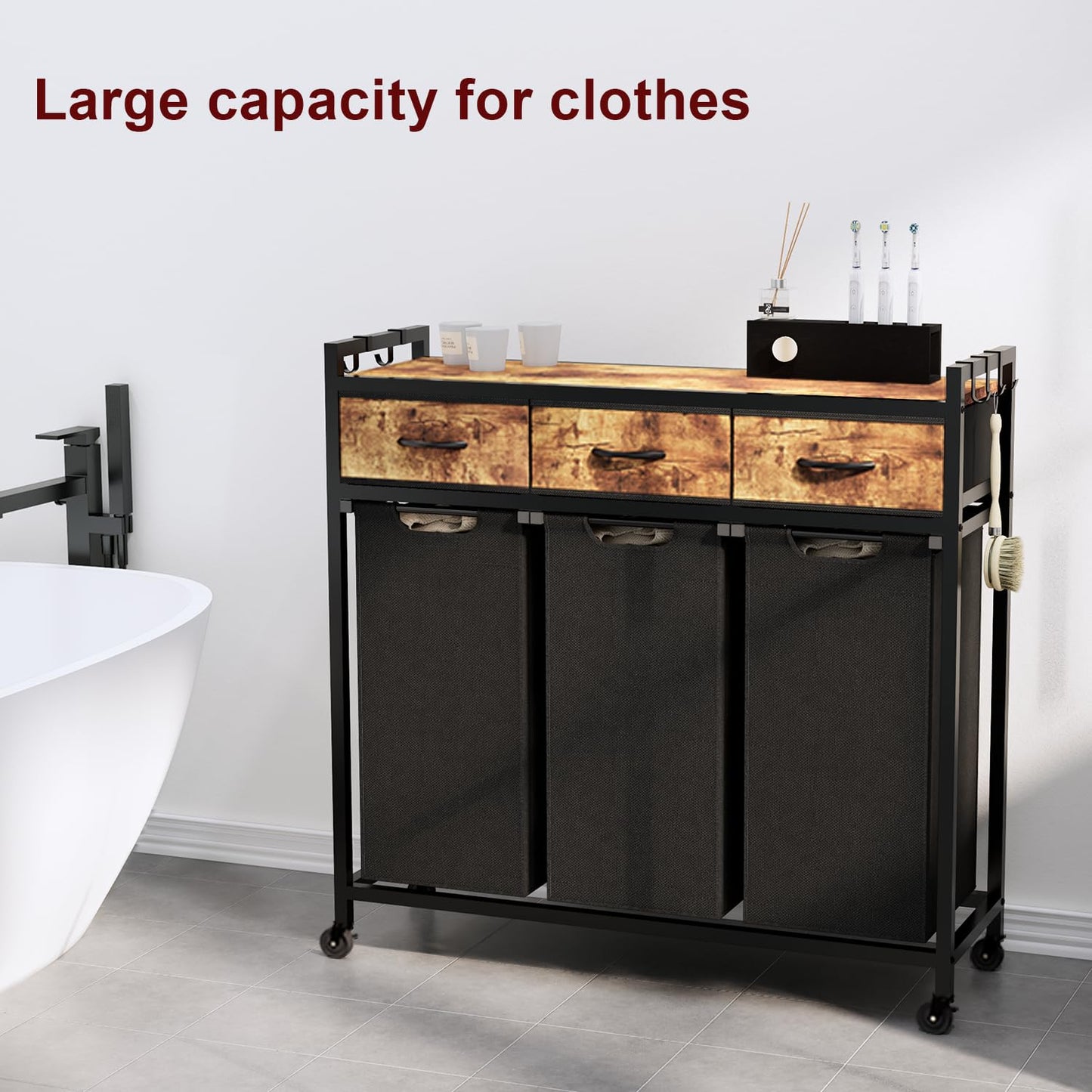 Timberer Laundry Hamper, Laundry Sorter 3 Section, Rolling Laundry Basket with Wheels, 3 Drawers, 3 × 14.5 Gal (55 L), Pull-Out and Removable Oxford Fabric Bags, Black and Rustic Brown