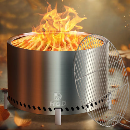 HGD 28" Smokeless Firepit with Stand & Grill Rack, Large Stainless Steel Wood Burning Fire Pit for Friends & Family Gatherings, Secondary Combustion Outdoor Patio Stove for BBQ & Bonfire