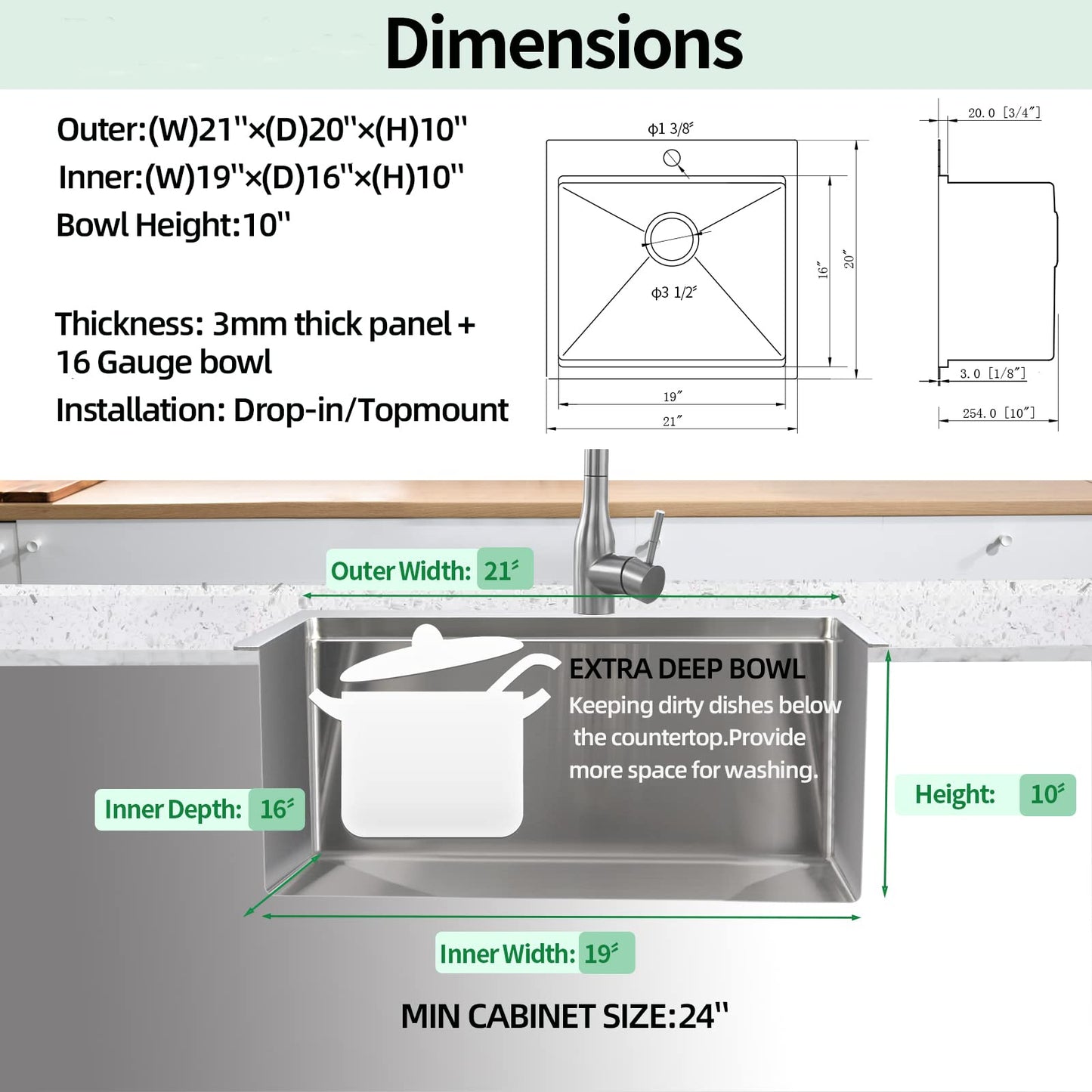 EcoChannels Kitchen Sink, 21 x 20 x 10 Drop in Kitchen Sink 16 Gauge Stainless Steel Kitchen Sinks Single Bowl Workstation Sink with Cutting Board