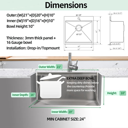 EcoChannels Kitchen Sink, 21 x 20 x 10 Drop in Kitchen Sink 16 Gauge Stainless Steel Kitchen Sinks Single Bowl Workstation Sink with Cutting Board