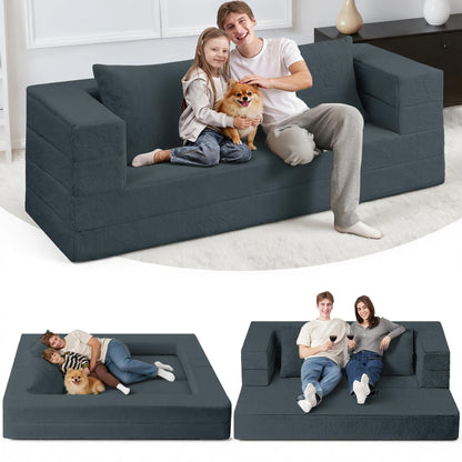 Cansunna Folding Bean Bag Chair for Adults,3-in-1 Bean Bag Couch Faux Fur Floor Sofa Large Beanbag Convertible Bean Bag Sofa Bed with Pillow in Bedroom,Living Room,Apartment(Queen,Dark Grey)