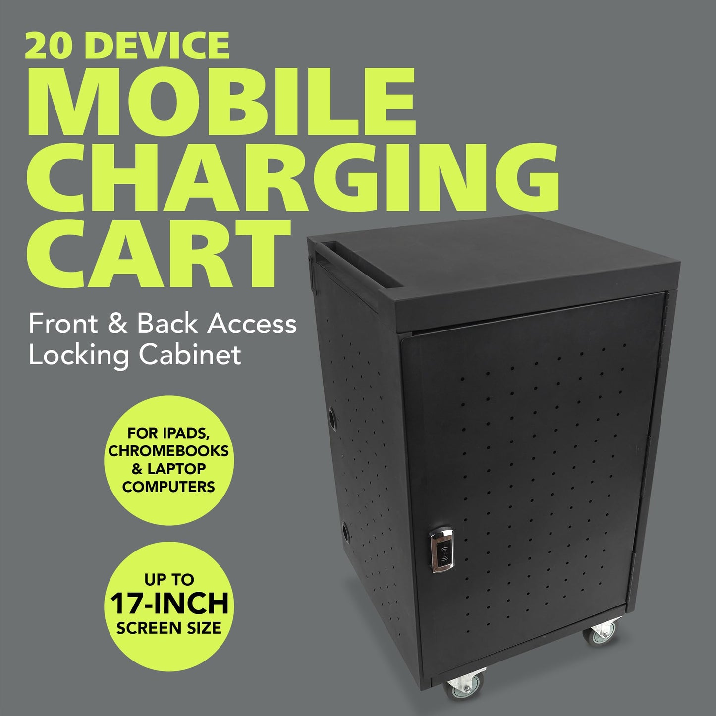 Pearington 20 Device Mobile Charging and Storage Cart for iPads, Chromebooks and Laptop Computers, Up To 17-Inch Screen Size, Surge Protection, Front & Back Access Locking Cabinet, Black