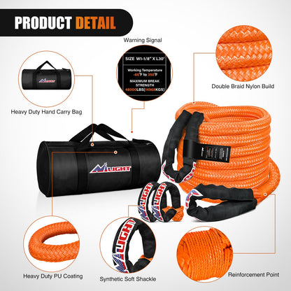 Nilight Kinetic Recovery Tow Rope Kit with 2 Soft Shackle 1-1/8inx30ft Heavy Duty Offroad Tow Rope Snatch Strap Towing Strap kit 48,000LBS for UTV ATV SUV Truck Car Jeep Tractor