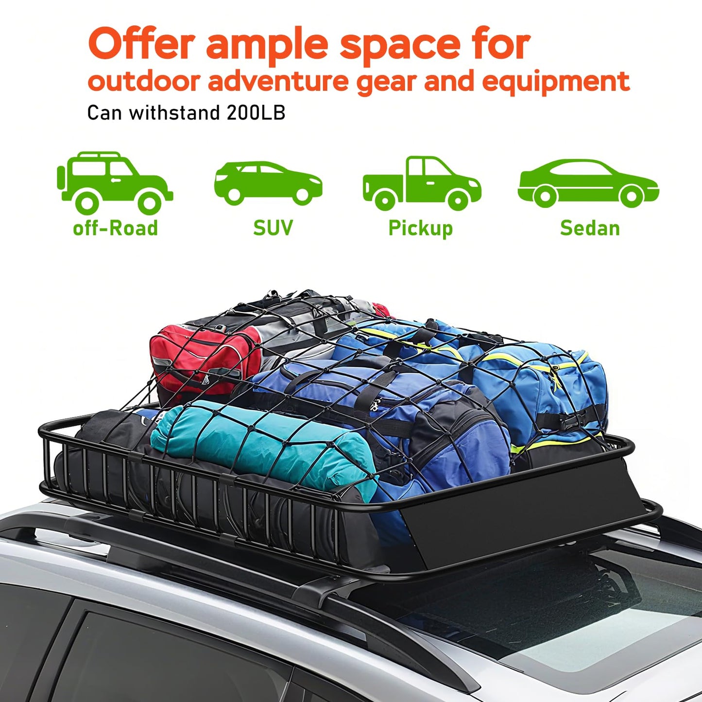 Roof Rack Carrier Basket 51" X 36" X 5" Universal Rooftop Cargo Basket - 200LB Capacity with 15 Cu.Ft Waterproof Bag, Heavy Duty Roof Rack for SUV/Truck/Van Cargo Carrier, Corrosion-Resistant Steel