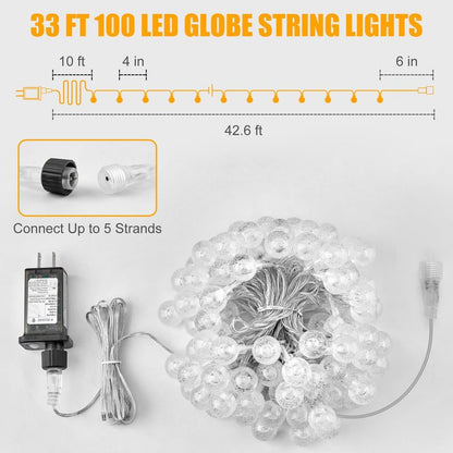 Minetom Globe String Lights - Plug in 33 ft 100 LED Crystal Globe Fairy Lights with 8 Lighting Modes and Remote for Patio Yard Porch Garden Pool Tent Beach Bedroom Wedding Party Decor, Warm White