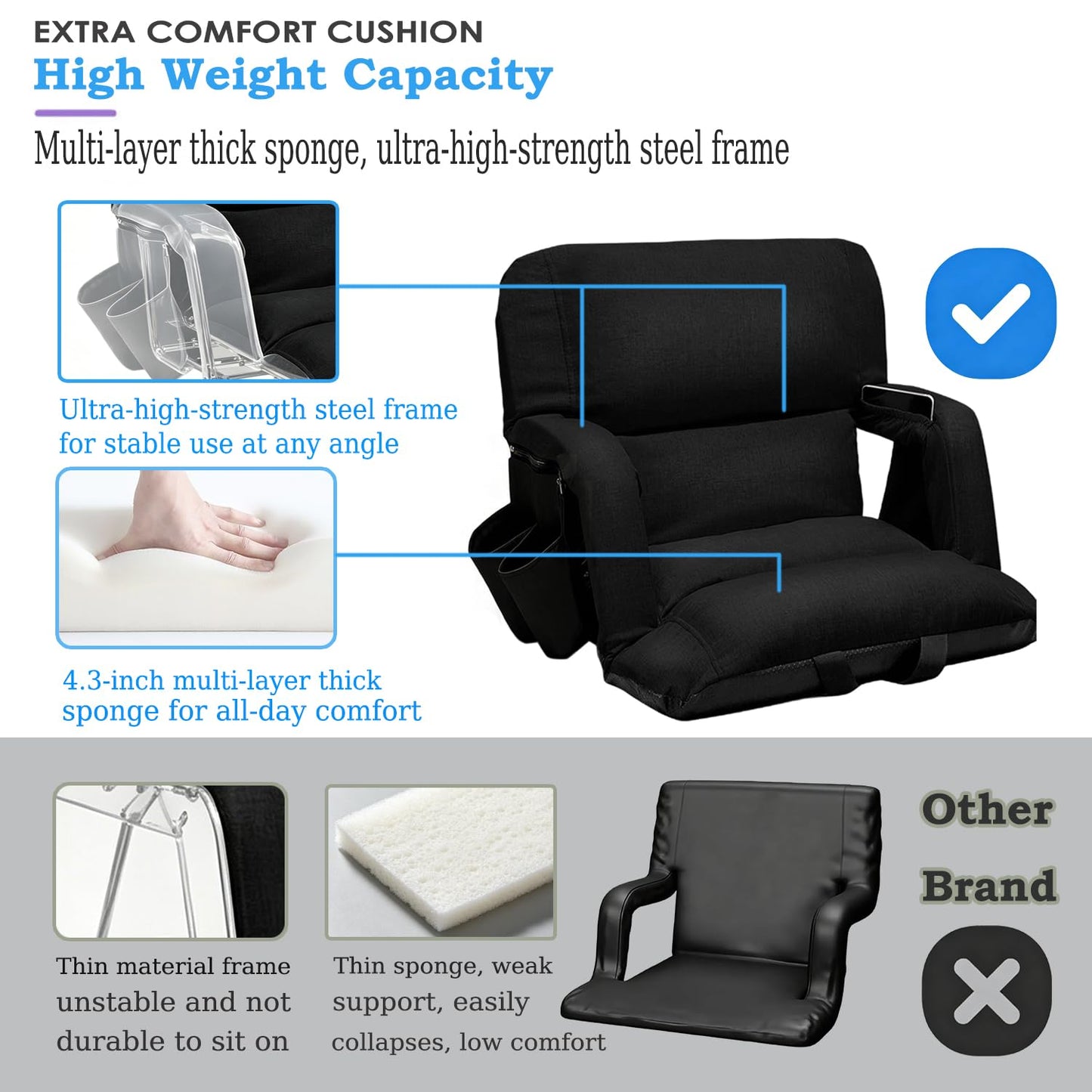 Stadium Seats with Back Support 2 Pack, 4.3" Thick Extra Wide Comfy Cushion 6 Adjustable Angle Bleacher Seat with Armrest, "Sofa Style" Design, Ultra-Strong Steel Frame, Multiple Pockets (Black, 25")