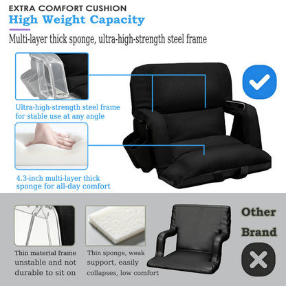 Stadium Seats with Back Support 2 Pack, 4.3" Thick Extra Wide Comfy Cushion 6 Adjustable Angle Bleacher Seat with Armrest, "Sofa Style" Design, Ultra-Strong Steel Frame, Multiple Pockets (Black, 25")