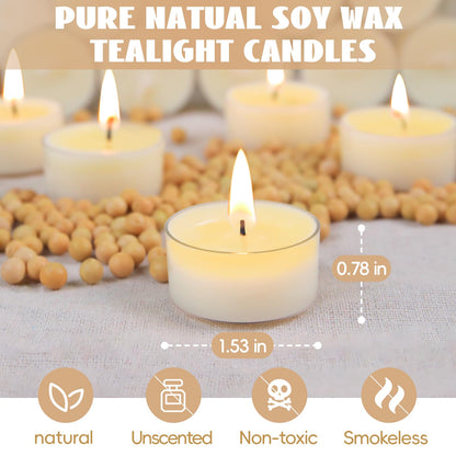 Soy Tealight Candles 120 Pack, 6 Hours Long Burning Tealights Candles Bulk, Natural Soy Wax Tea Light Candle Paraffin-Free, Unscented Small Tea Candle for Emergency,Dinner