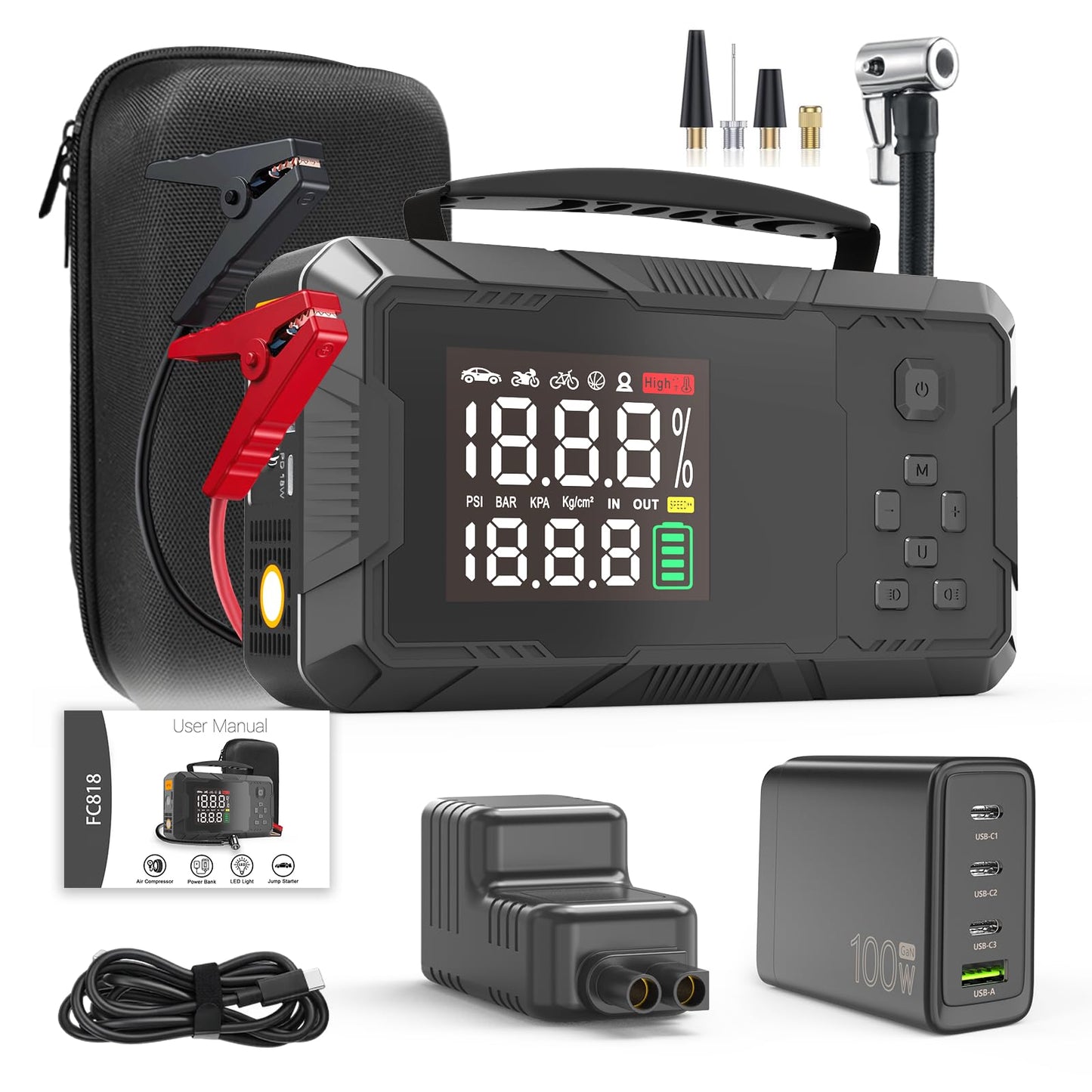 CTWJO Jump Starter with Air Compressor, 3000A Portable Car Battery Jumper Starter with 100W Wall Charger, 16000mAh Power Bank PD 65W Fast Charging, 150PSI Tire Inflator (30L/min), 12V Jump Box