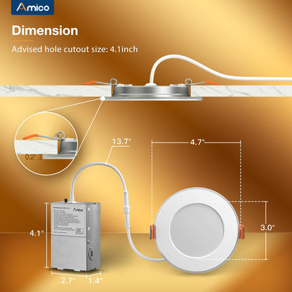 Amico 24 Pack 6 Inch 5CCT LED Recessed Ceiling Light with Night Light, 2700K/3000K/3500K/4000K/5000K Selectable Ultra-Thin Recessed Lighting, 12W=110W, 1100LM, Dimmable Canless Wafer Downlight ETL&FCC