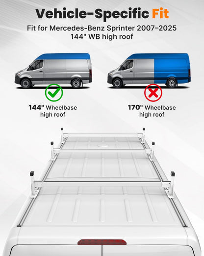 MELIPRON Van Roof Rack with Side Rails Fit for Mercedes-Benz Sprinter 2007-2025 144" WB High Roof - 800 LBS Alloy Steel Cargo Ladder Rack with Aluminum Tracks and Rubber Seal