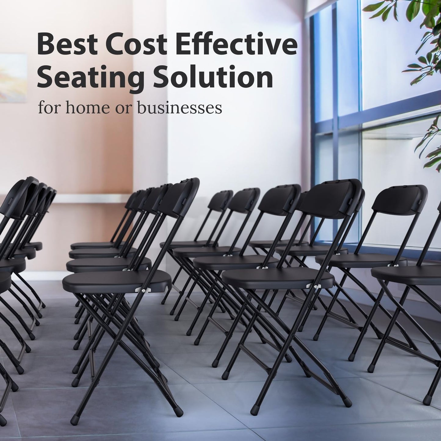 Our Modern Space 10 Pack Foldable Plastic Chair | Folding & Stackable | 350 lbs Capacity Steel Frame Seats for Indoor Outdoor | Commercial Use Events Wedding Party Bulk Picnic Kitchen Dining - Black