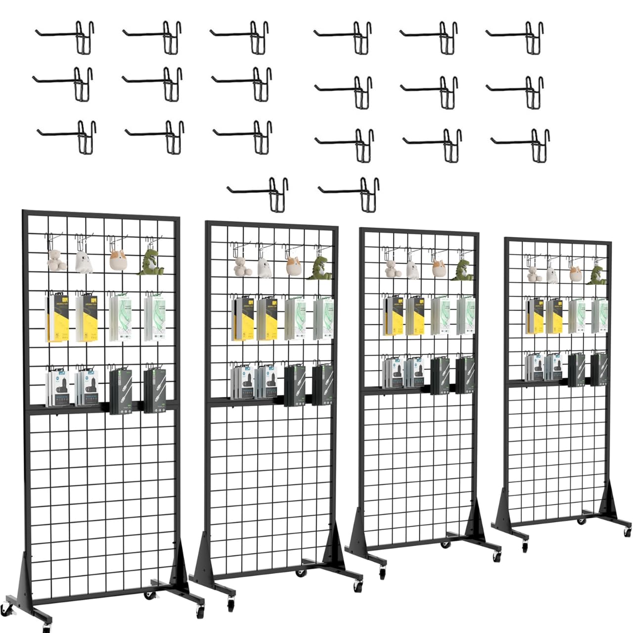 DEYEGELEA 4-Pack 2'x5.5' Ft Gridwall Panel Display Stands Heavy Duty Floor Standing Retail Display Rack with Triangle Base for Retail Art Show With 20 Hooks